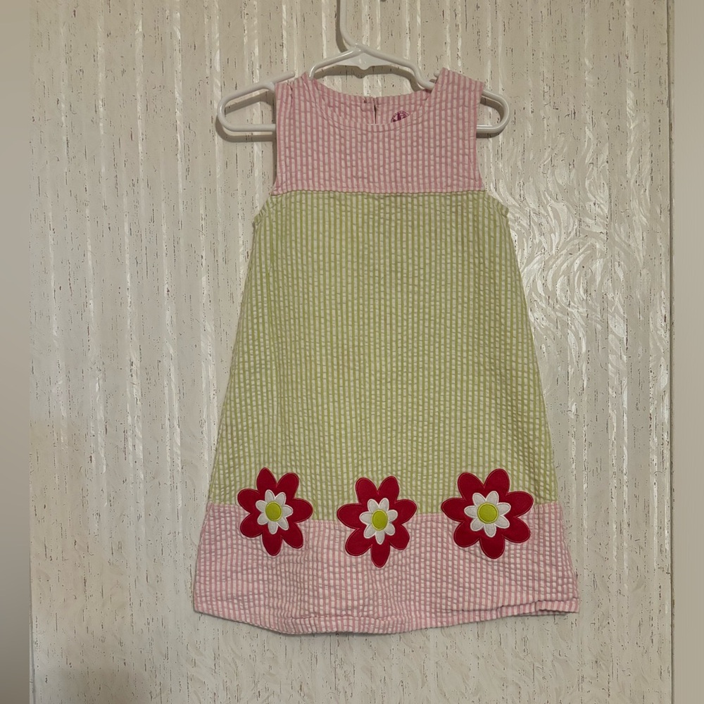 💕 (4 for $15) Pink and Green Striped Dress with Floral Accents